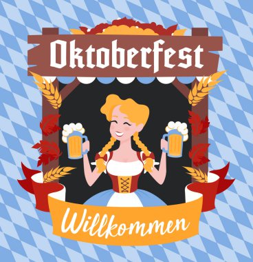 Oktoberfest afiş ile bir çelenk komik karikatür karakter