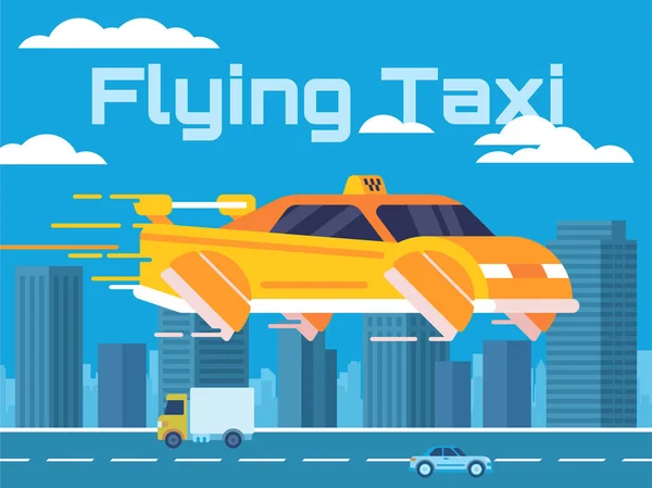 Dibujos animados ilustración de un taxi volador en una gran ciudad — Vector de stock