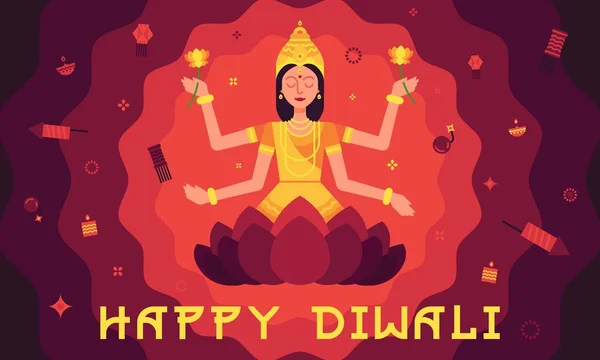 Happy Diwali card with Lakshmi in flat style. — Stock Vector