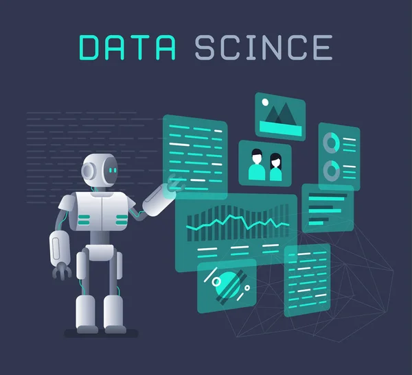 Moderne robot werken met analytics gegevens cirkeldiagrammen en diagrammen vlakke afbeelding — Stockvector