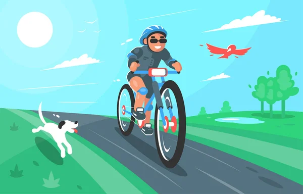 Vector cartoon illustration of a cyclist with dog and bird. Character design. Nature, summer, landscape. — Stock Vector
