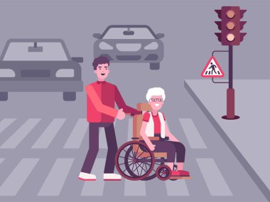 Genç bir adamın yaşlı bir kadına yardımcı olduğu renkli Illustration