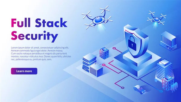 Ilustración isométrica completa pila de seguridad con droides voladores — Archivo Imágenes Vectoriales