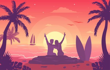 Güneşli bir plajın renkli vektör illüstrasyonu