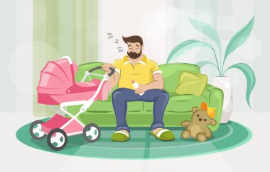 Renkli illüstrasyon babalık bırakın ve bebek arabası yakınında uykuya daldı