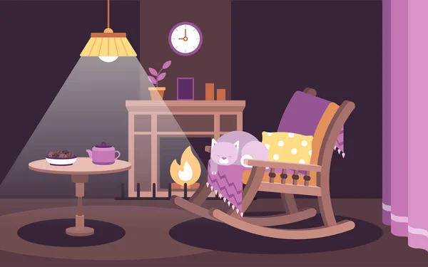 Flache Vektorillustration der Hygge-Stimmung einer Katze, die in einem Schaukelstuhl am Kamin schläft — Stockvektor