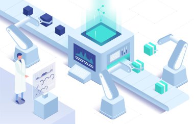 Üretimde otomasyonun Isometric vektör illüstrasyonu