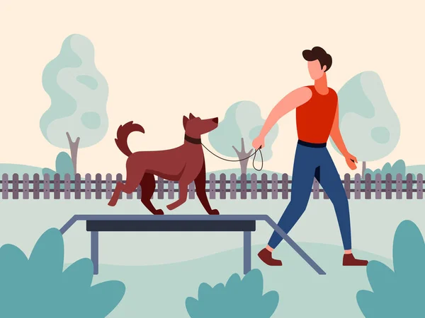 Vektor illustration av en hund handler specialist utbildning en hund — Stock vektor