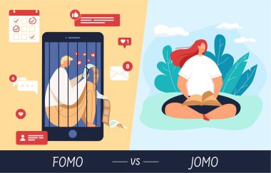 Fomo vs Jomo 'nun vektör illüstrasyonu ve kaçırmaktan zevk alan genç bir kız