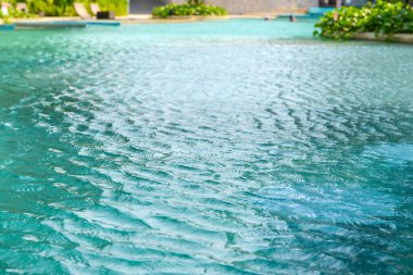 Lüks bir tropikal otel tesisinde, dalgalı ve güneş ışığı yansıtan mavi bir havuz.