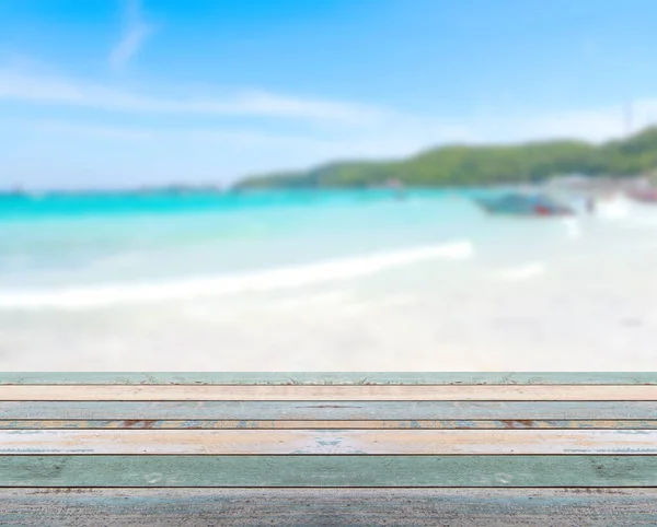 Piano Legno Con Spiaggia Tropicale Cielo Blu Concetto Sfondo Vacanze — Foto Stock