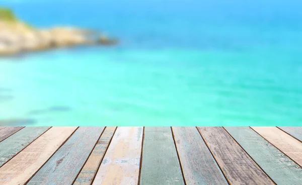 Piano Legno Con Spiaggia Tropicale Cielo Blu Concetto Sfondo Vacanze — Foto Stock