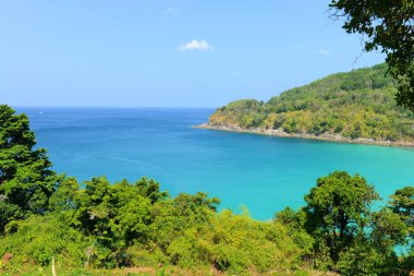Phuket Adası, Tayland 'da doğa sahnesi tropikal plaj ve mavi gökyüzü