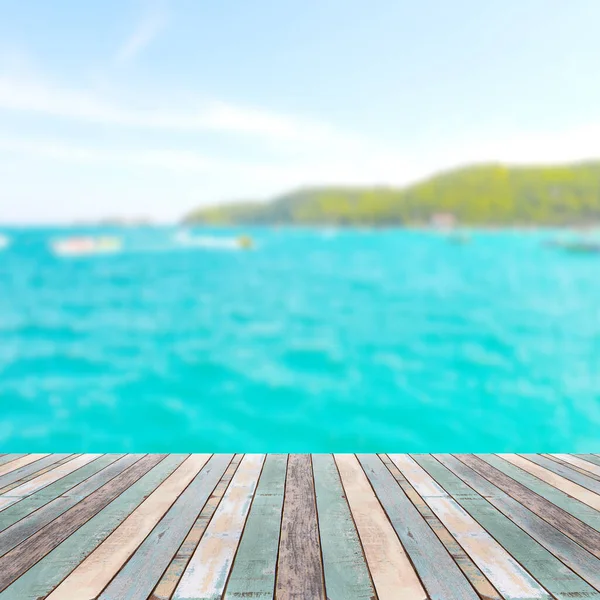 Piano Legno Con Spiaggia Tropicale Cielo Blu Concetto Sfondo Vacanze — Foto Stock