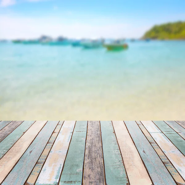Piano Legno Con Spiaggia Tropicale Cielo Blu Concetto Sfondo Vacanze — Foto Stock