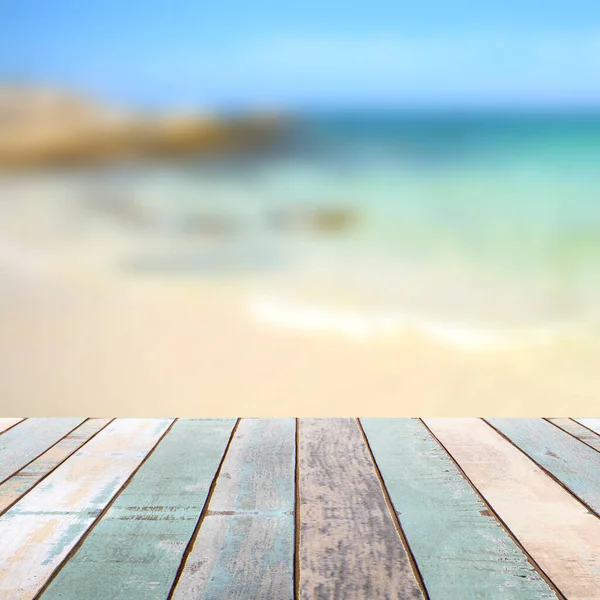 Piano Legno Con Spiaggia Tropicale Cielo Blu Concetto Sfondo Vacanze — Foto Stock