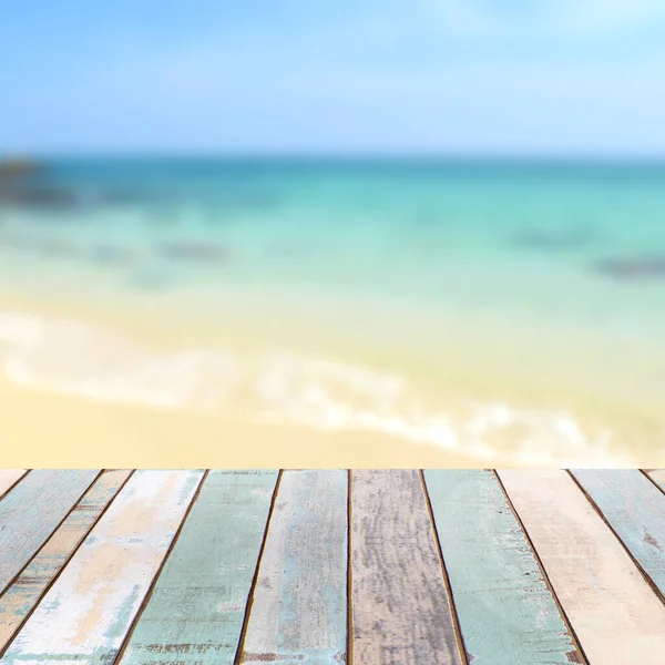 Piano Legno Con Spiaggia Tropicale Cielo Blu Concetto Sfondo Vacanze — Foto Stock