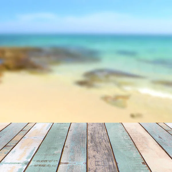 Piano Legno Con Spiaggia Tropicale Cielo Blu Concetto Sfondo Vacanze — Foto Stock