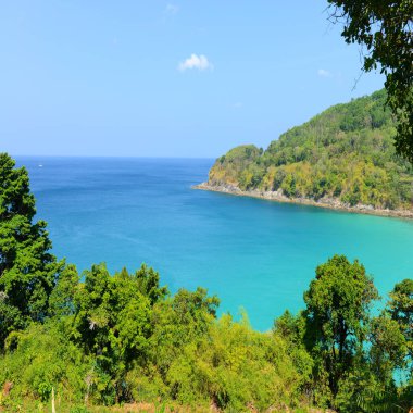 Phuket Adası, Tayland 'da doğa sahnesi tropikal plaj ve mavi gökyüzü