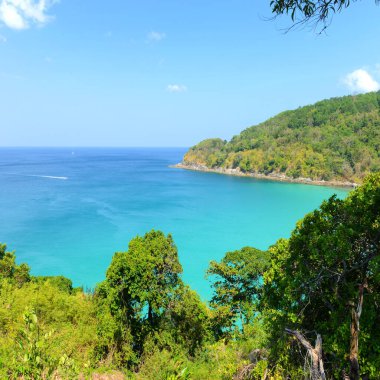 Phuket Adası, Tayland 'da doğa sahnesi tropikal plaj ve mavi gökyüzü