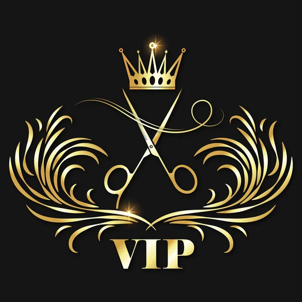 Gold scissors with a lock of hair and pattern for beauty salon Stock