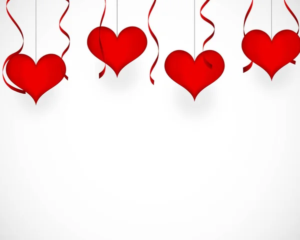 Fondo San Valentín Con Corazones Rojos Colgantes Cintas Sobre Fondo — Vector de stock