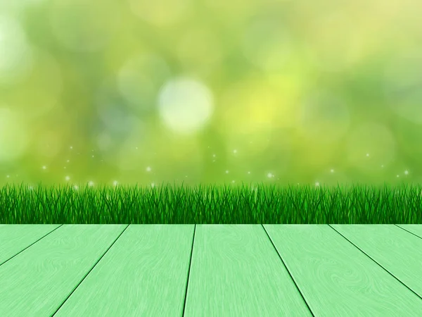 Spring Background Grass Bokeh Green Wood Planks Empty Space Copy — Stock Photo, Image