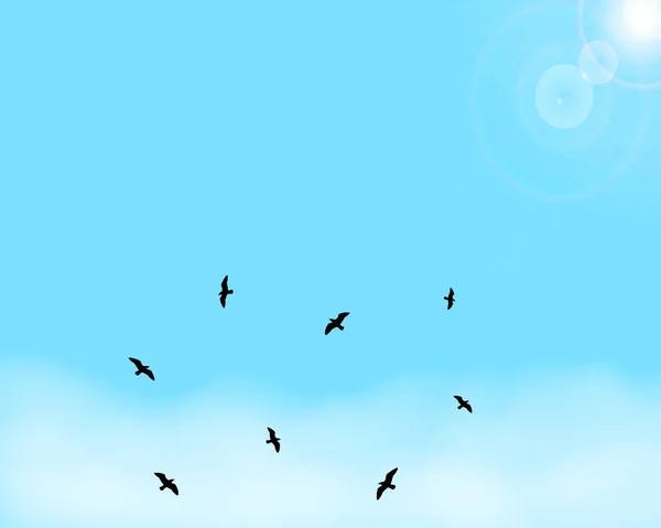 Небесний фон з сонцем і літаючими птахами . — стоковий вектор