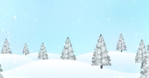 Zimní krajina se zasněženými borovicemi, sněžení. — Stock video