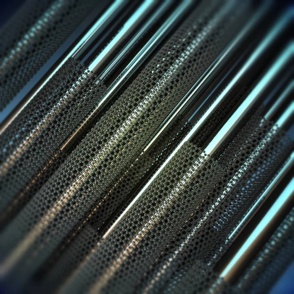 Closeup on graphene tubes, metallic concept. 3d illustration