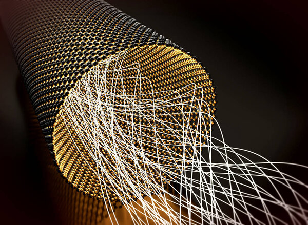 Closeup on a graphene tube transporting light. 3d illustration