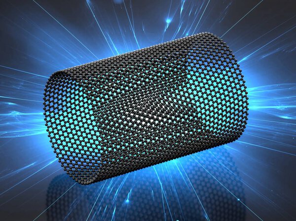 Closeup on a graphene tube with blue glare. 3d illustration