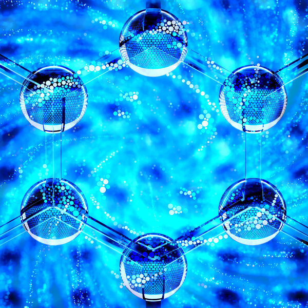 Closeup on a hexagonal nano structure with particles. 3d illustration