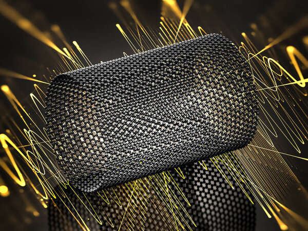 Closeup on a graphene tube with yellow waves. 3d illustration