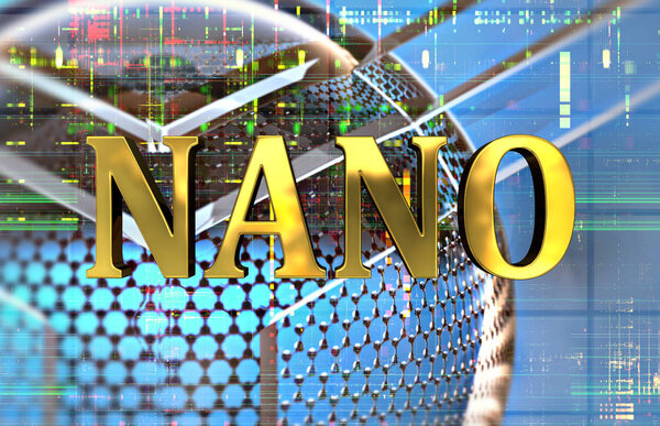 Nano word in gold with carbon structure and electronic background. 3d illustration
