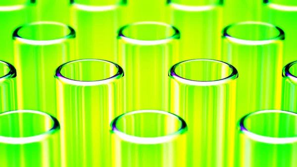 Close Rows Glass Test Tubes Green Reflections — Stock Photo, Image