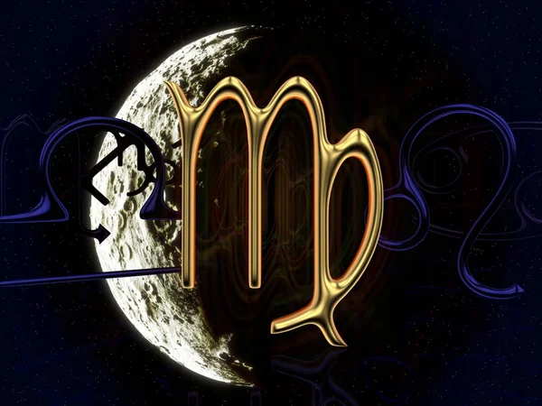 月のおとめ座の前で金の占星術記号 — ストック写真