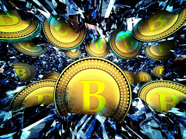 Golden bitcoin in blue electronic mine