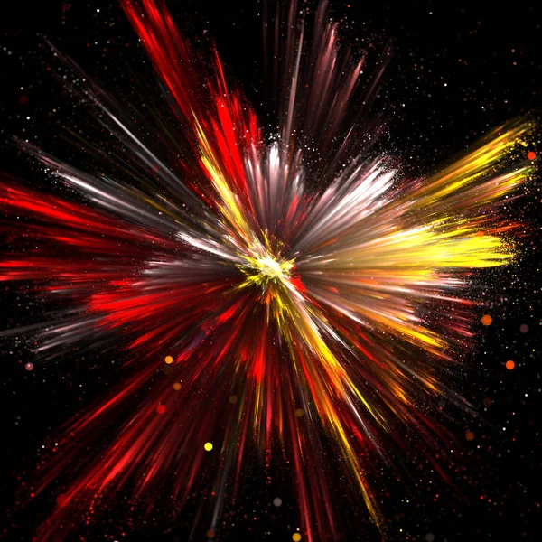 Explosion of yellow, red and white powder with depth of field