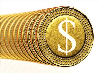Dof ile altın, beyaz arka plan doları bir dizi yakın çekim paralar