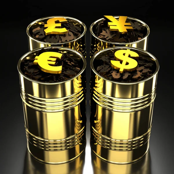 Vier Goldene Barrel Gefüllt Mit Geld Konzept Dollar Pfund Sterling — Stockfoto