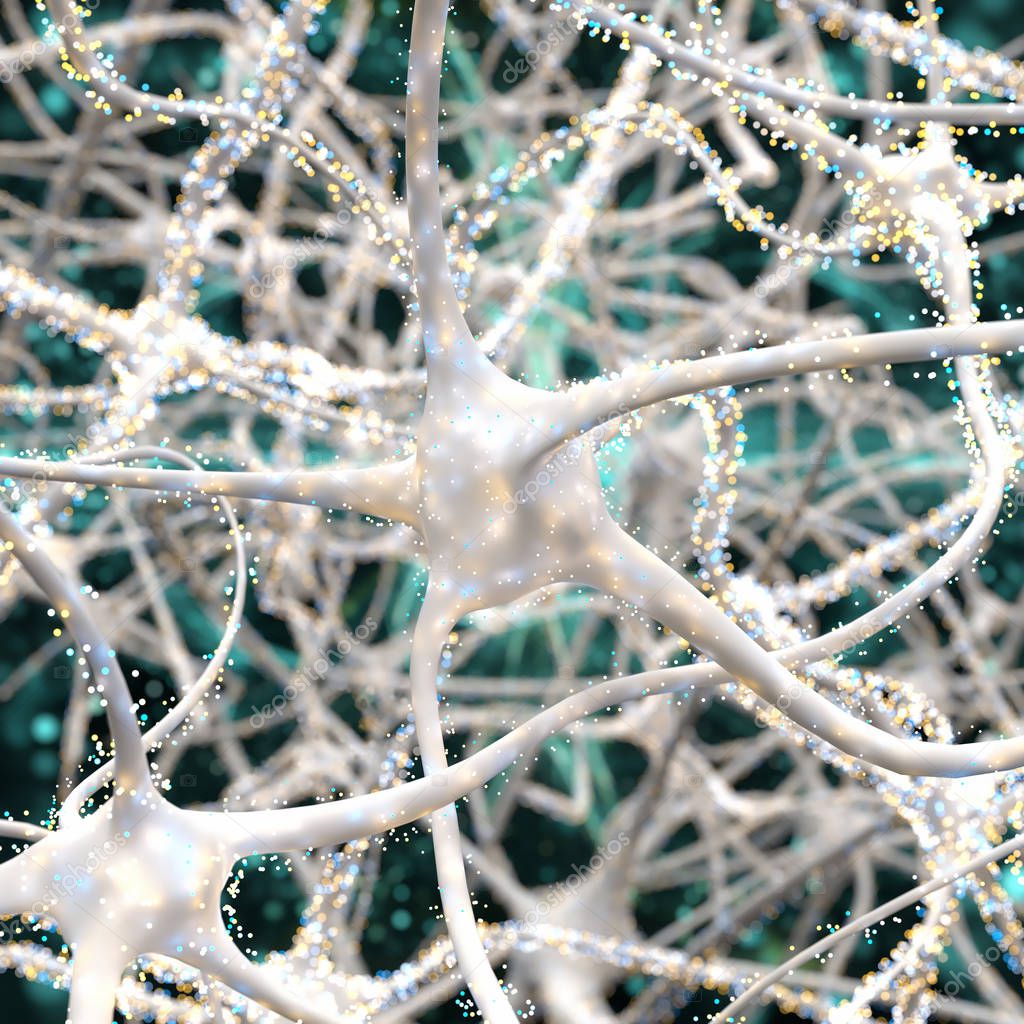 Close-up on white neurons with particles