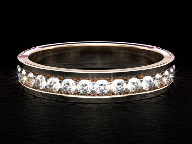 Siyah parlak uçakta parlak elmas bir yüzük yakın çekim