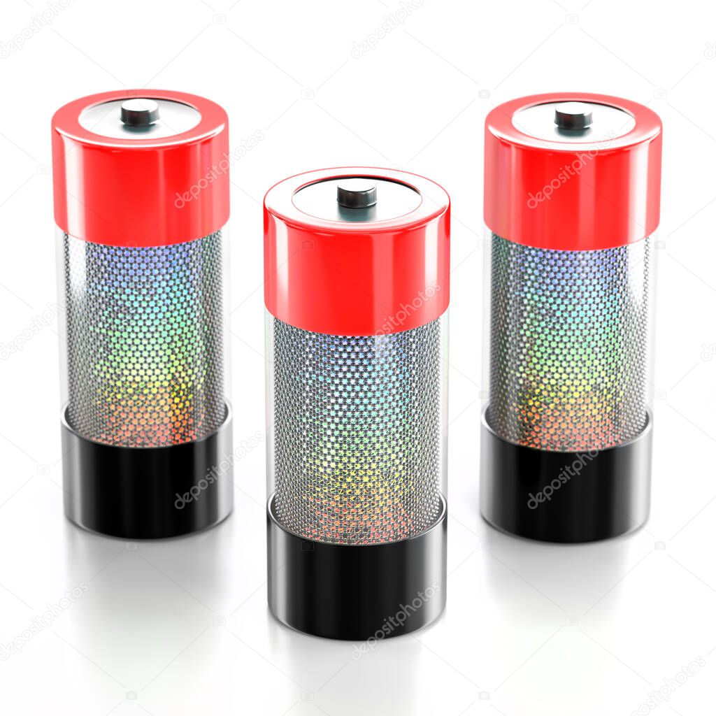 Three batteries made of graphene technology, with colored charging level, isolated on a white background
