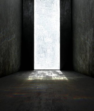 Yerlere ve duvarlara renkli yakıcı ışıklar saçan büyük pencereli karanlık bir odanın içinde.