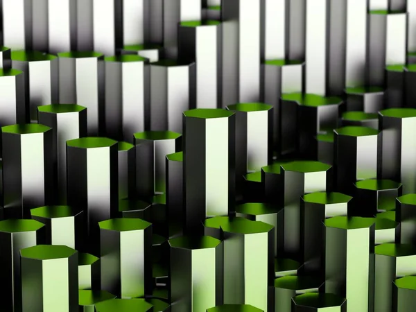 Ряды Металлических Цилиндров Шестиугольным Профилем Зелеными Отражениями Глубиной Резкости — стоковое фото