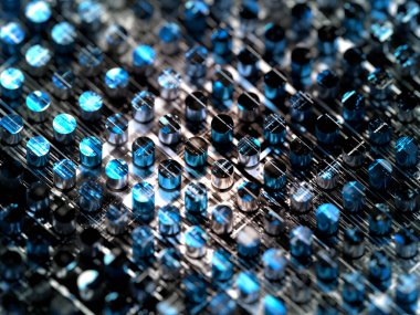 Fütürist ve tasarım mavi kuantum bilgisayar kartına yakın plan, küçük metalik silindirlerden yapılmış, alan derinliği