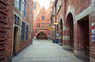 Almanya. Bremen. Tuğla evler, Bremen sokak Bettcherstrasse. 14 Şubat 2018