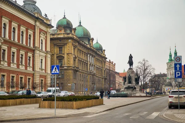 Polsce Krakowie Domy Ulica Miasta Krakowa Krajobraz Miasta Lutego 2018 — Zdjęcie stockowe