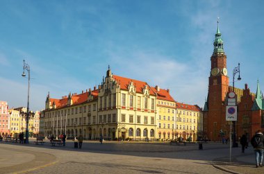 Polonya. Wroclaw evleri ve Wroclaw şehrinin sokakları. Cityscape. 20 Şubat 2018